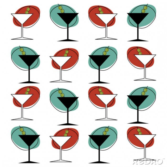 Behang 1950s style martini glass repeating pattern illustration