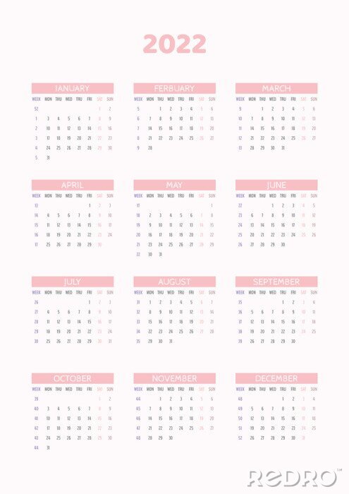 Behang 2022 calendar, week starts with Monday