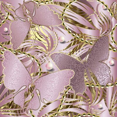 3d glittery butterflies seamless pattern. Abstract textured rose gold background. Repeat striped backdrop. Floral jewelry shiny ornament. Stripes, pearls, beads,  flowers, butterflies. Ornate design