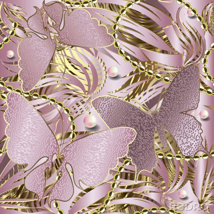Behang 3d glittery butterflies seamless pattern. Abstract textured rose gold background. Repeat striped backdrop. Floral jewelry shiny ornament. Stripes, pearls, beads,  flowers, butterflies. Ornate design
