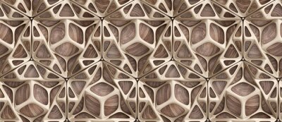 Behang 3d glossy golden frame tiles on precious wood background with golden spheres.High quality seamless realistic texture.