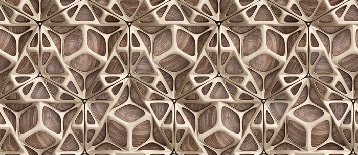 Behang 3d glossy golden frame tiles on precious wood background with golden spheres.High quality seamless realistic texture.