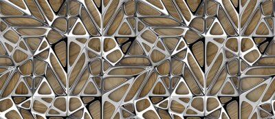 Behang 3d silver lattice tiles on wooden oak background