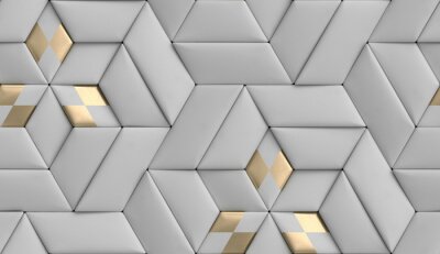 Behang 3D wallpaper of 3D soft geometry tiles made from gray leather with golden decor. High quality seamless realistic texture.