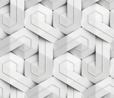 Behang 3D Wallpaper of white 3D panels geometric knot with white decor stripes. Shaded geometric modules. High quality seamless texture.