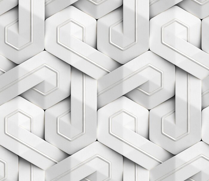 Behang 3D Wallpaper of white 3D panels geometric knot with white decor stripes. Shaded geometric modules. High quality seamless texture.