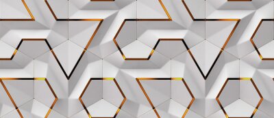 Behang 3D white panels with red gold decor elements. Shaded geometric modules. High quality seamless design texture