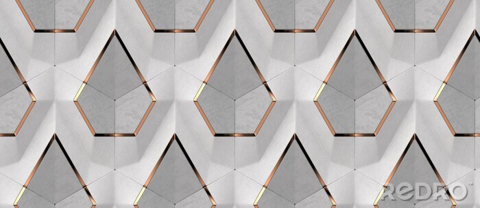 Behang 3D white textile and gray concrete panels with gold decor elements. High quality seamless design texture.
