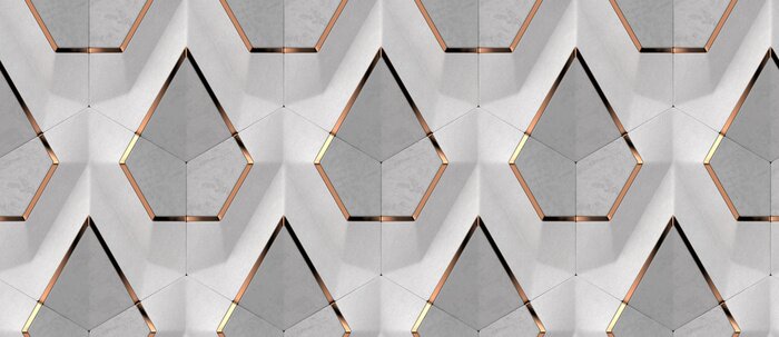 Behang 3D white textile and gray concrete panels with gold decor elements. High quality seamless design texture.