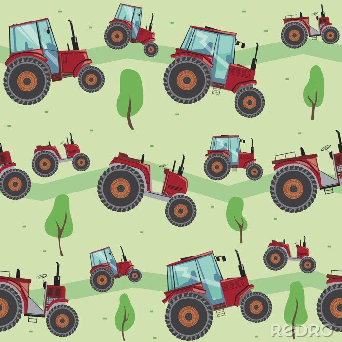Behang A Seamless pattern with a red tractor and trees on a green background, flat vector stock illustration for children or boys as a backdrop for printing on fabric, textile or wallpaper