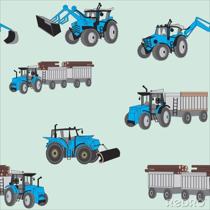 Behang A seamless pattern with blue construction tractors on a green background
