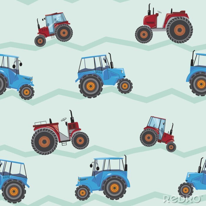 Behang A seamless pattern with farm tractors, a vector stock illustration with red and blue flat agricultural machines for printing