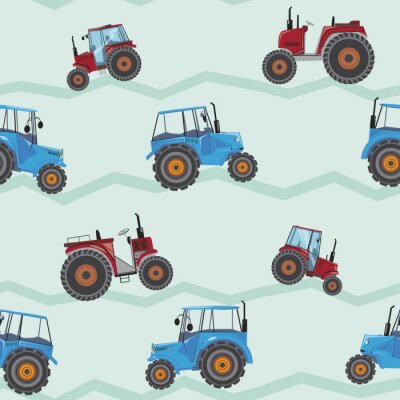 Behang A seamless pattern with farm tractors, a vector stock illustration with red and blue flat agricultural machines for printing