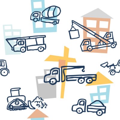 Behang A vector seamless pattern with doodle outline style building technics. Auto cranes, bulldozers, trucks and concrete mixers