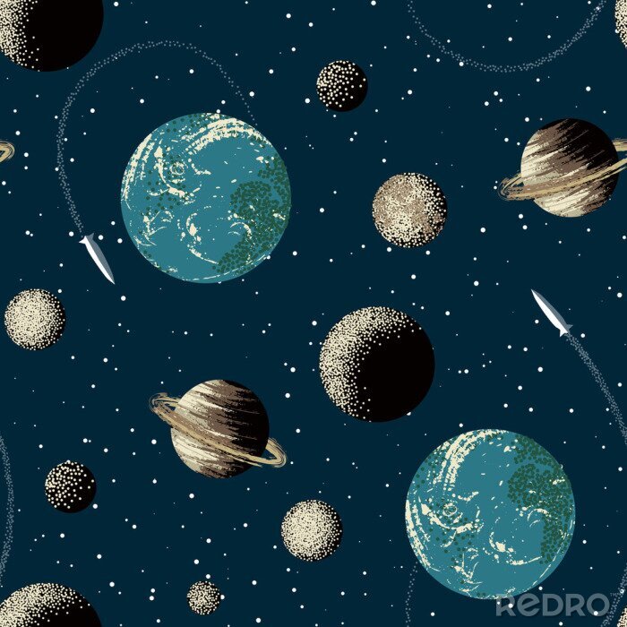 Behang Aarde, Saturnus, planeten en raket in de ruimte. Naadloze patroon