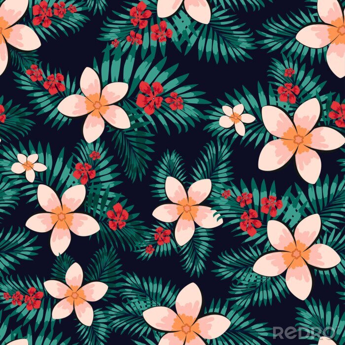 Behang Abstract naadloos bloemenpatroon. Creatieve vectorachtergrond, Hawaiiaans tropisch bloemenbehang met takkenvarens, tropisch kruid. Exotische zomerprint met palmbladeren uit de jungle. Trendy kleuren
