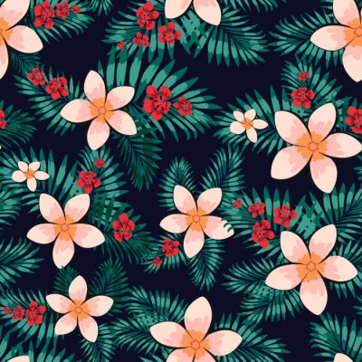 Behang Abstract naadloos bloemenpatroon. Creatieve vectorachtergrond, Hawaiiaans tropisch bloemenbehang met takkenvarens, tropisch kruid. Exotische zomerprint met palmbladeren uit de jungle. Trendy kleuren
