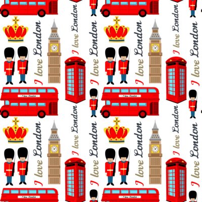 Behang Abstract naadloos Londen patroon voor meisjes of jongens. Creatieve vectorachtergrond met militair, toren, Engeland. Grappig patroon voor textiel en stof. Mode Engeland stijl. Kleurrijk helder beeld