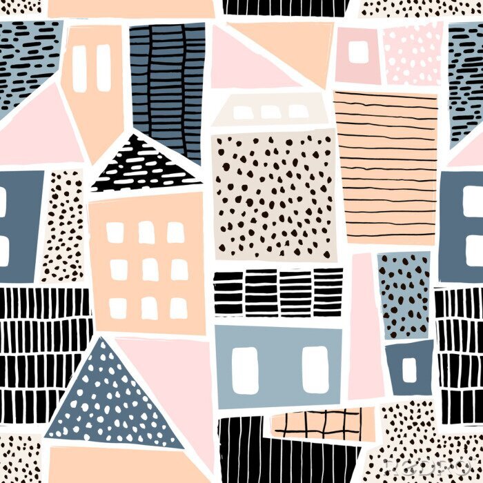 Behang Abstract naadloos patroon met huizen met hand getekende texturen en vormen. Perfect voor fabric.textile, behang. Vectorillustratie