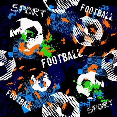 Behang Abstract naadloos patroon voor jongens. Voetbalpatroon. Grunge stedelijk patroon met voetbalbal. Sportbehang op zwarte achtergrond met veelkleurige vlekken. Herhaalde sportpatroon.