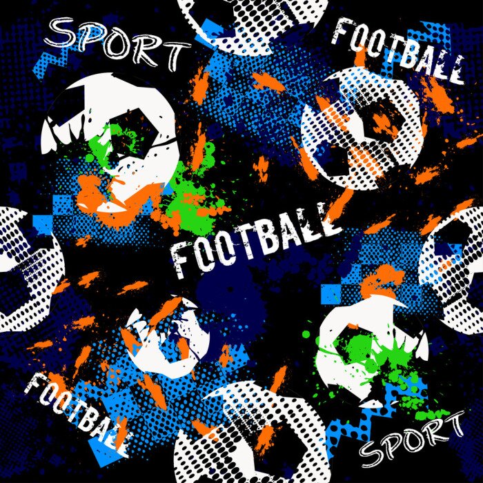 Behang Abstract naadloos patroon voor jongens. Voetbalpatroon. Grunge stedelijk patroon met voetbalbal. Sportbehang op zwarte achtergrond met veelkleurige vlekken. Herhaalde sportpatroon.