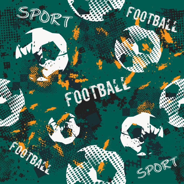 Behang Abstract naadloos patroon voor jongens. Voetbalpatroon. Grunge stedelijk patroon met voetbalbal. Sportbehang op zwarte achtergrond met veelkleurige vlekken. Herhaalde sportpatroon.