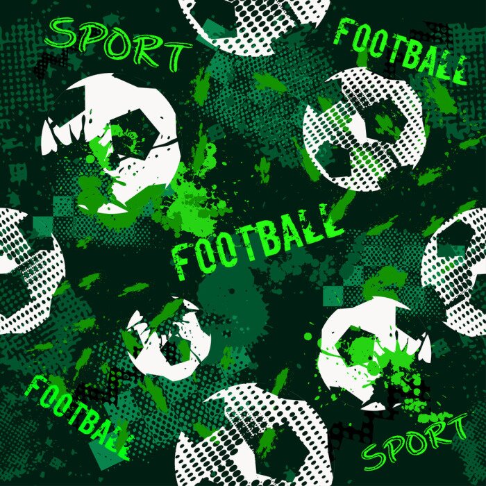 Behang Abstract naadloos voetbalpatroon voor jongens. Sport voetbal patroon. De sport stedelijke achtergrond van Grunge met voetbalbal. Sportbehang op zwarte achtergrond met veelkleurige vlekken. Herhaald pa
