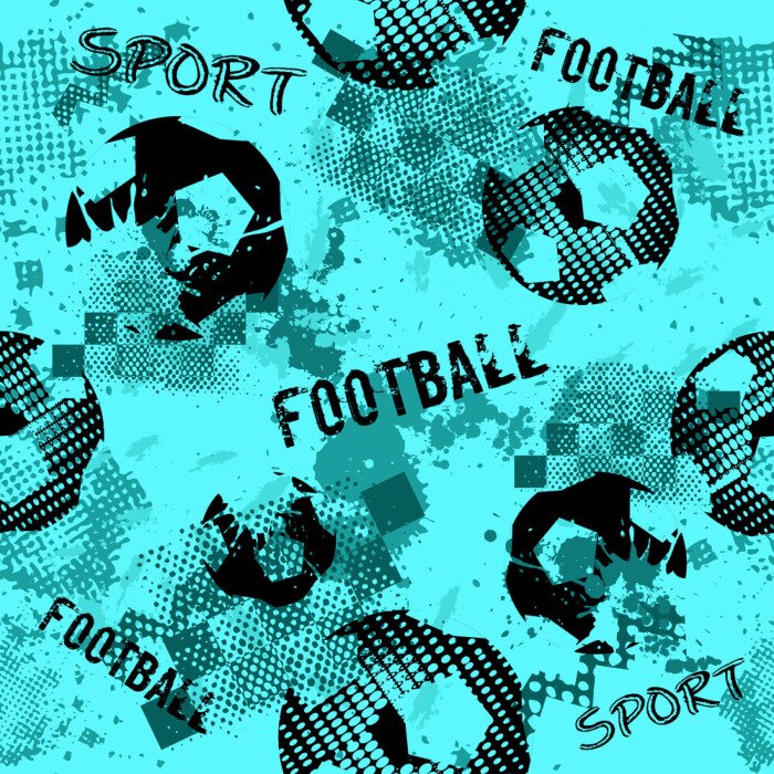 Behang Abstract naadloos voetbalpatroon voor jongens. Sport voetbal patroon. De sport stedelijke achtergrond van Grunge met voetbalbal. Sportbehang op zwarte achtergrond met veelkleurige vlekken. Herhaald pa