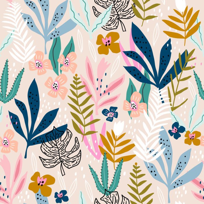 Behang Abstract patroon met kleurrijke bloemen en bladeren