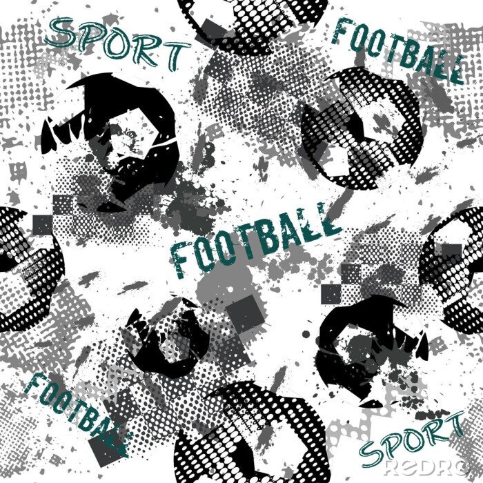 Behang Abstract seamless football pattern for boys. Sport football pattern. Grunge sport urban backdrop with football ball. Sport wallpaper on black background with multicolor spots. Repeated pattern.