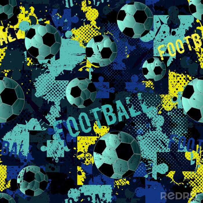 Behang Abstract seamless football pattern for boys. Sport football pattern. Grunge sport urban backdrop with football ball. Sport wallpaper on black background with multicolor spots. Repeated pattern.