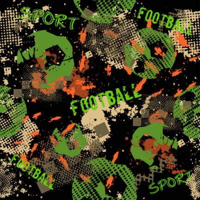 Behang Abstract seamless football pattern for boys. Sport football pattern. Grunge sport urban backdrop with football ball. Sport wallpaper on black background with multicolor spots. Repeated pattern.