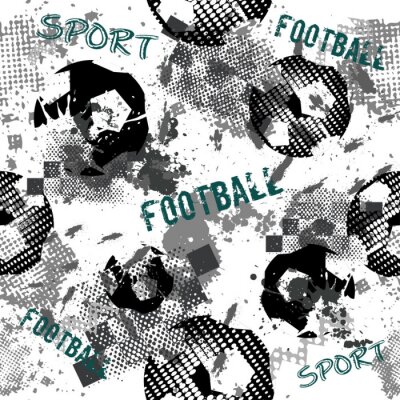 Behang Abstract seamless football pattern for boys. Sport football pattern. Grunge sport urban backdrop with football ball. Sport wallpaper on black background with multicolor spots. Repeated pattern.