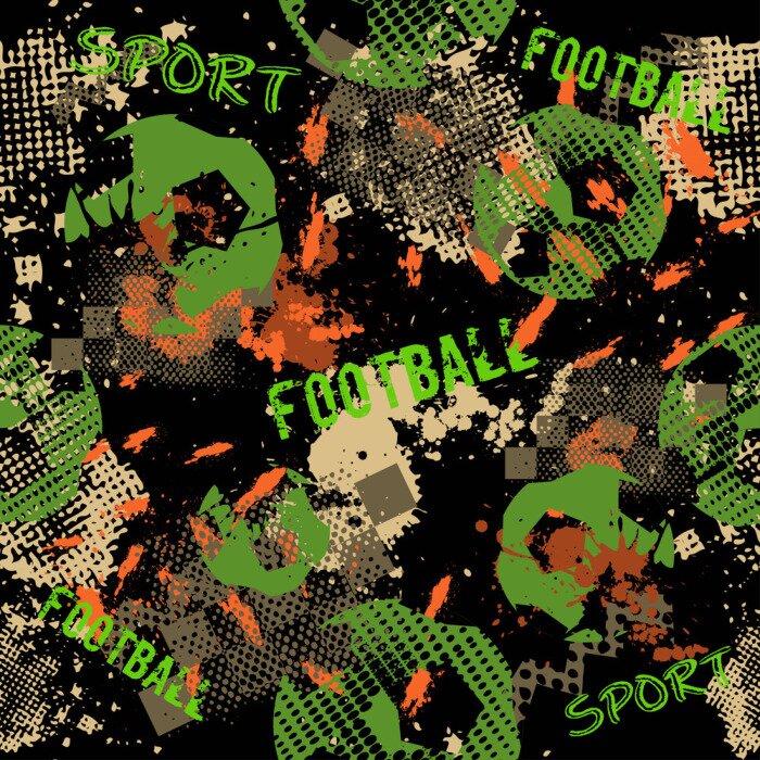 Behang Abstract seamless football pattern for boys. Sport football pattern. Grunge sport urban backdrop with football ball. Sport wallpaper on black background with multicolor spots. Repeated pattern.