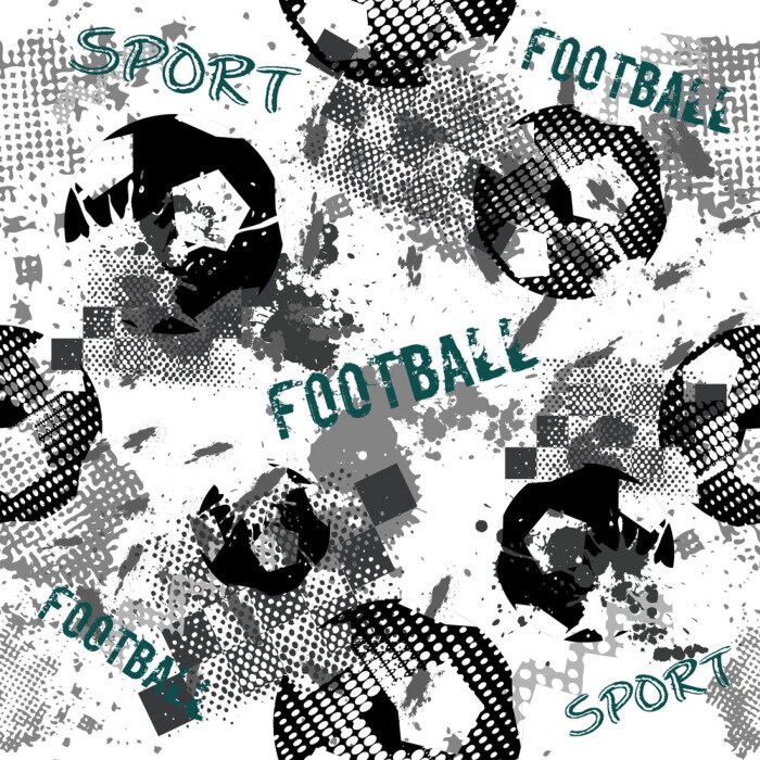 Behang Abstract seamless football pattern for boys. Sport football pattern. Grunge sport urban backdrop with football ball. Sport wallpaper on black background with multicolor spots. Repeated pattern.