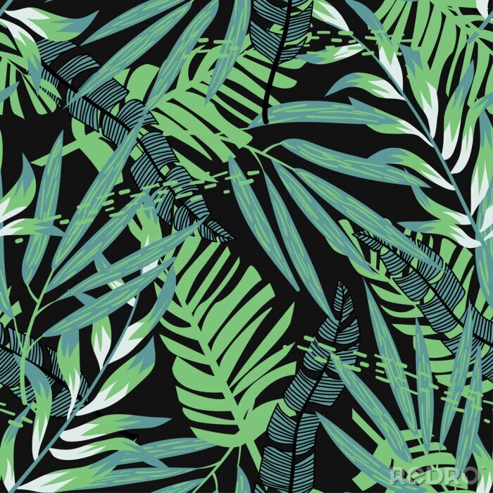 Behang Abstract seamless pattern with colorful tropical leaves and plants on black background. Vector design. Jungle print. Floral background. Printing and textiles. Exotic tropics. Summer design.