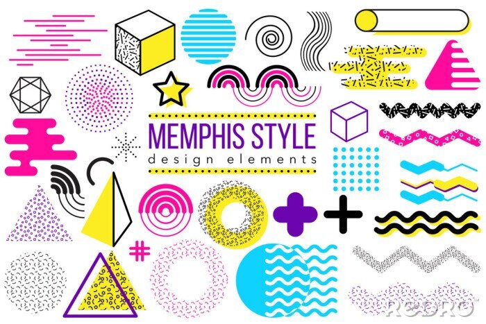 Behang Abstract vector ontwerpset elementen. Memphis stijl geometrische vormen en vormen verzamelen om poster, brochure, lay-out, sjabloon of presentatie te maken. Eenvoudig te combineren en bewerken