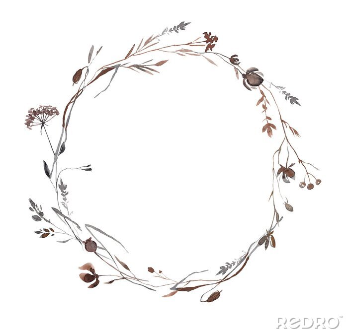 Behang Abstract Watercolor Autumn Flower Set. Herbarium in boho style. Field fall flowers. Frame fall flowers.