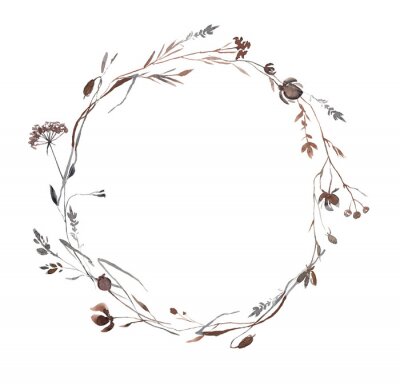 Sticker Abstract Watercolor Autumn Flower Set. Herbarium in boho style. Field fall flowers. Frame fall flowers.