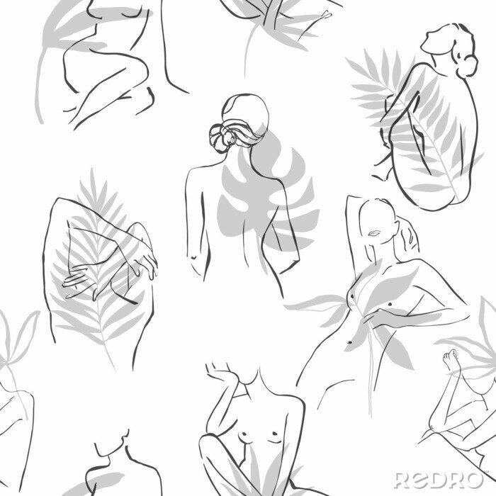 Behang Abstract women's silhouette minimalist line and tropical palm leaves. Aesthetic contour. Sketch.The seamless patterns are absolutely perfect for packaging, textiles or tissue paper, cover, fabric.