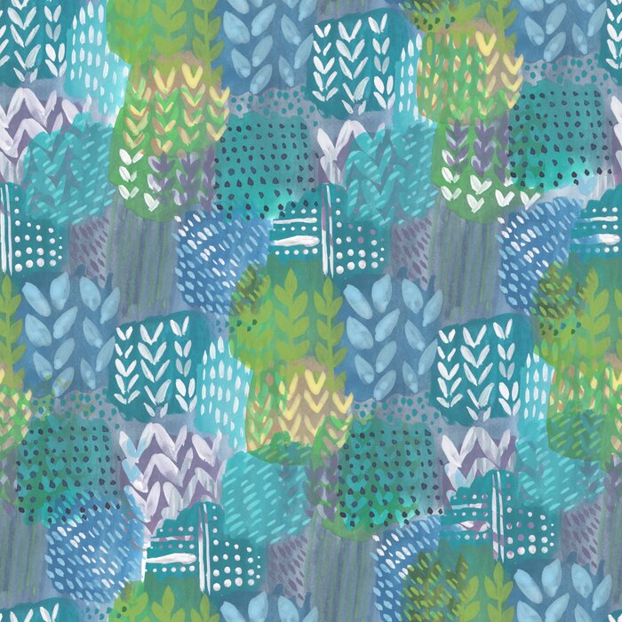 Behang Abstracte afdruk met willekeurige elementen en aquarelbladeren. Exotisch patroon in baby stijl. Hand getekende illustratie