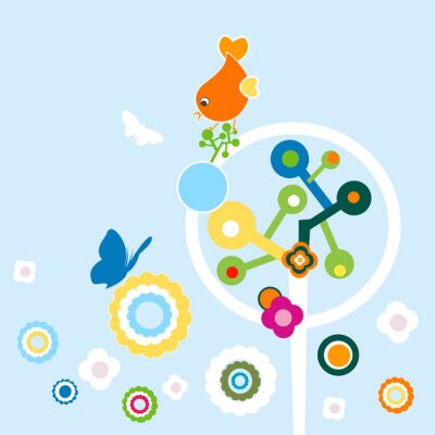 Abstracte bomen bloemen en vogels