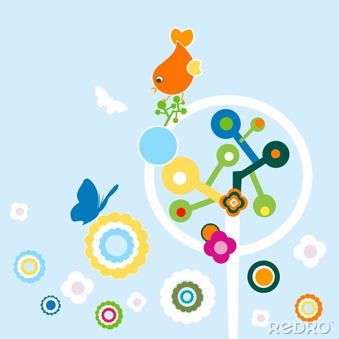 Behang Abstracte bomen bloemen en vogels