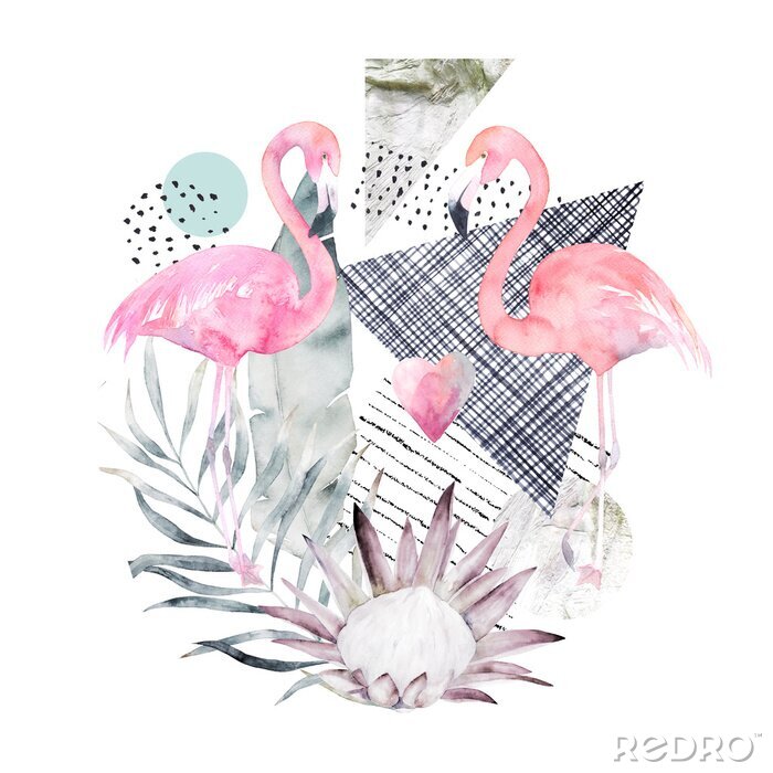 Behang Abstracte geometrische poster met flamingo en protea. Zomer tropisch ontwerp. Hand getekende illustratie