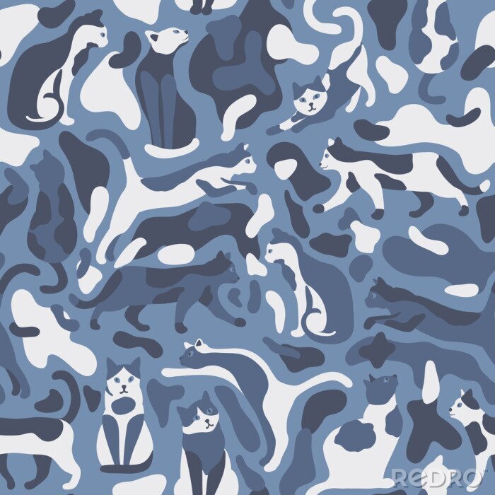 Behang Abstracte katten in blauwtinten