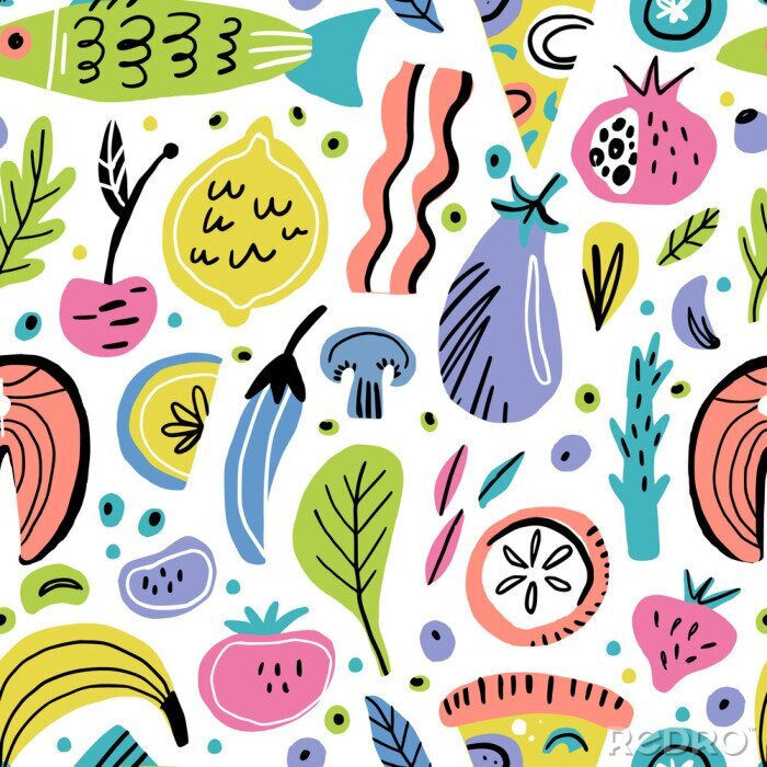 Behang Abstracte kleurrijke groenten, fruit en vis