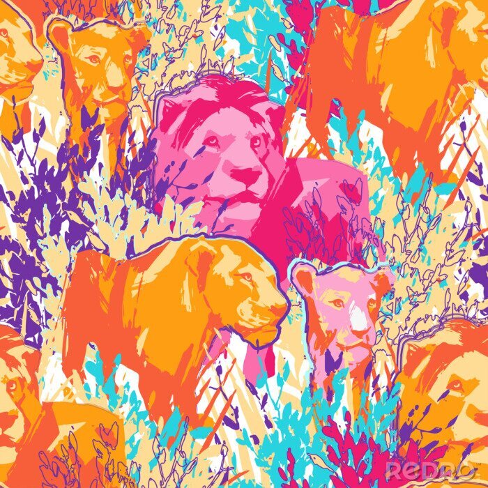 Behang Abstracte leeuwen in kleurrijk gras