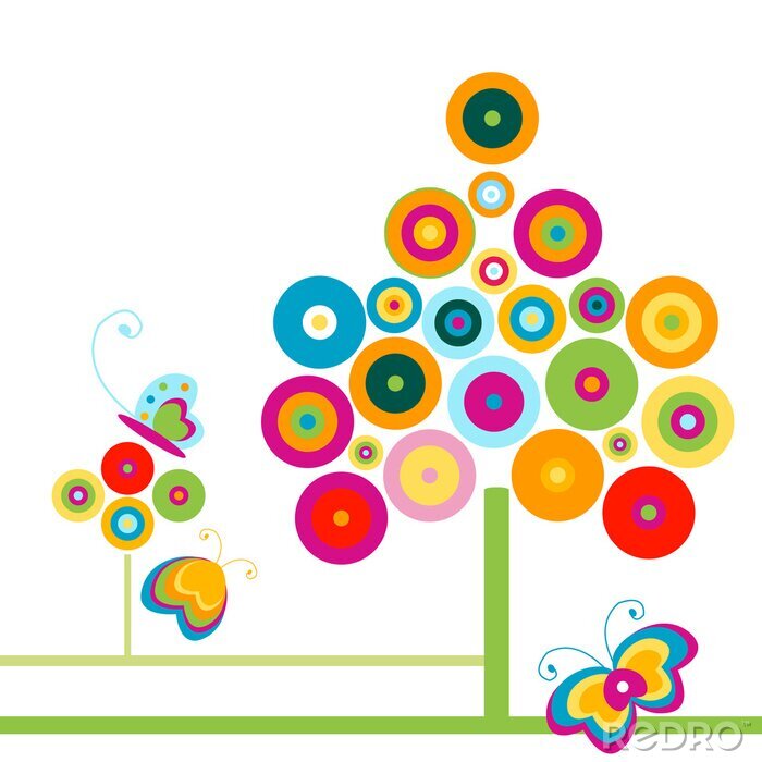 Behang Abstracte regenboogillustratie met vlinders