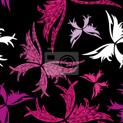 Behang Abstracte roze vlinders op een zwarte achtergrond