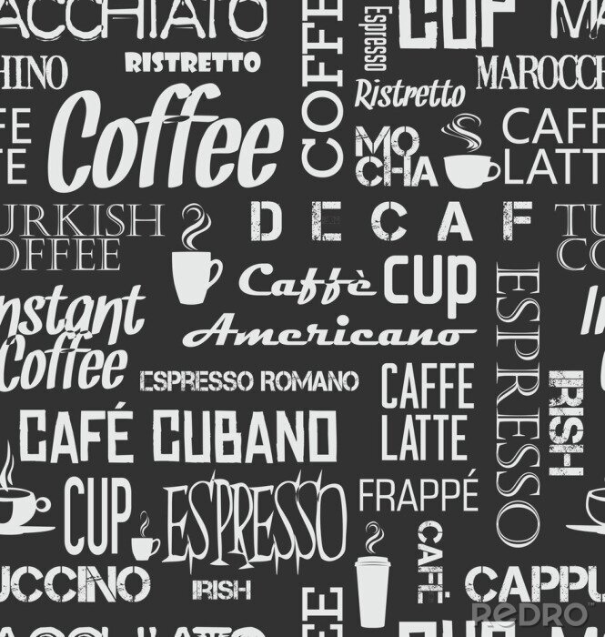 Behang Achtergrond naadloze tegel koffie woorden en symbolen